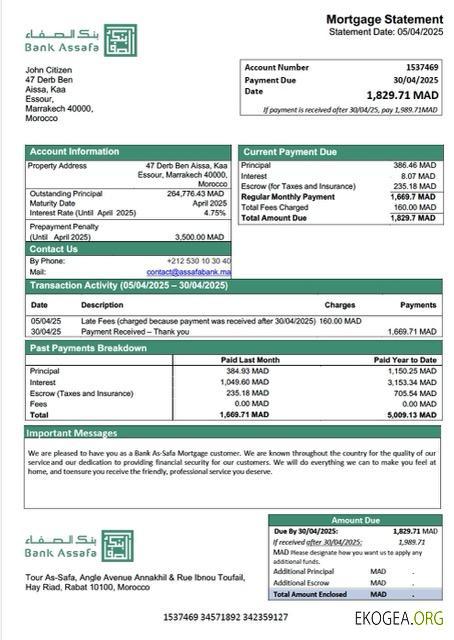 Maroc Bank As, modèle de relevé hypothécaire Safa Word et PDF